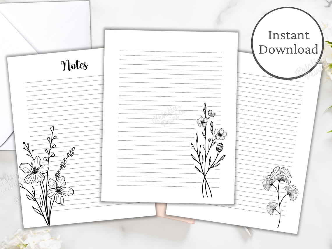 Printable Stationery Set Black and White Floral Lined Paper Etsy