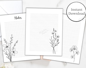 Printable Stationery Set, Black and White Floral Lined Paper, Minimalist Journal Paper, Digital Download Stationary Paper, Penpal Letters