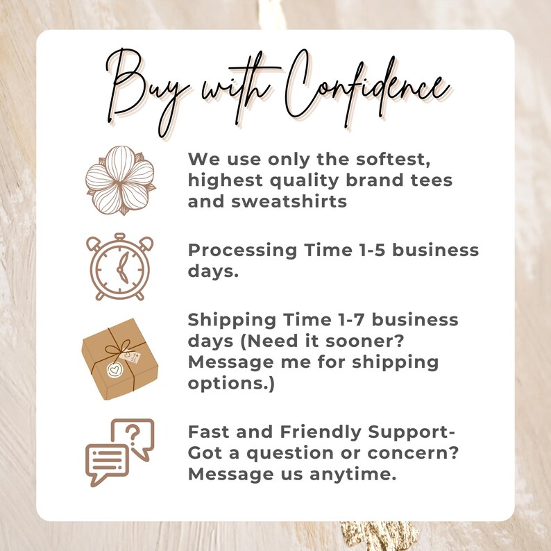 May include: A white card with the text "Buy with Confidence" in a handwritten font. The card includes icons and text about product quality, processing time, and customer support.