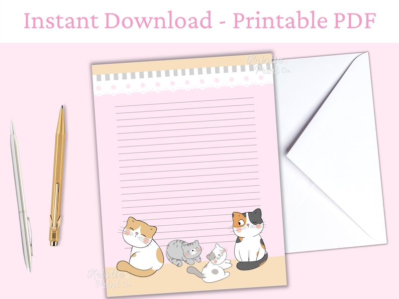 May include: Printable stationery paper with pink and white lines. The paper features a cute illustration of three cats with white, orange, and black fur. The text "Instant Download - Printable PDF" is at the top of the page.