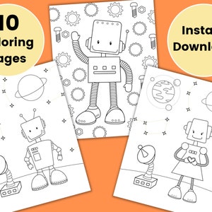 May include: A set of 10 black and white coloring pages featuring robots in space. The robots are wearing antennas and have large eyes. The pages include planets, stars, and other space-themed elements.