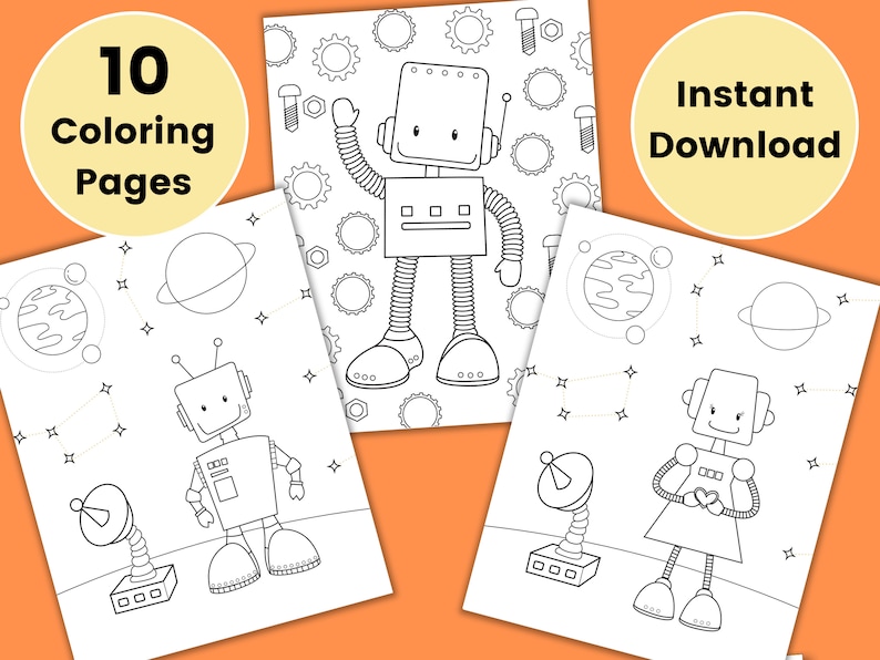 May include: A set of 10 black and white coloring pages featuring robots in space. The robots are wearing antennas and have large eyes. The pages include planets, stars, and other space-themed elements.