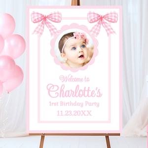 Pink Bow Birthday Sign Classic Pink and White First Birthday Pink Bow Party Sign Pink Bow Watercolor Girl First Birthday Welcome Sign PINK1