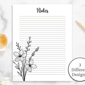 Printable Stationery Set, Black and White Floral Lined Paper ...