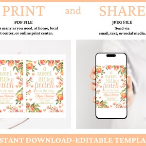 Puede incluir: Plantilla de invitaci&oacute;n de baby shower editable con un dise&ntilde;o de melocot&oacute;n y el texto "A sweet little peach is on the way".
