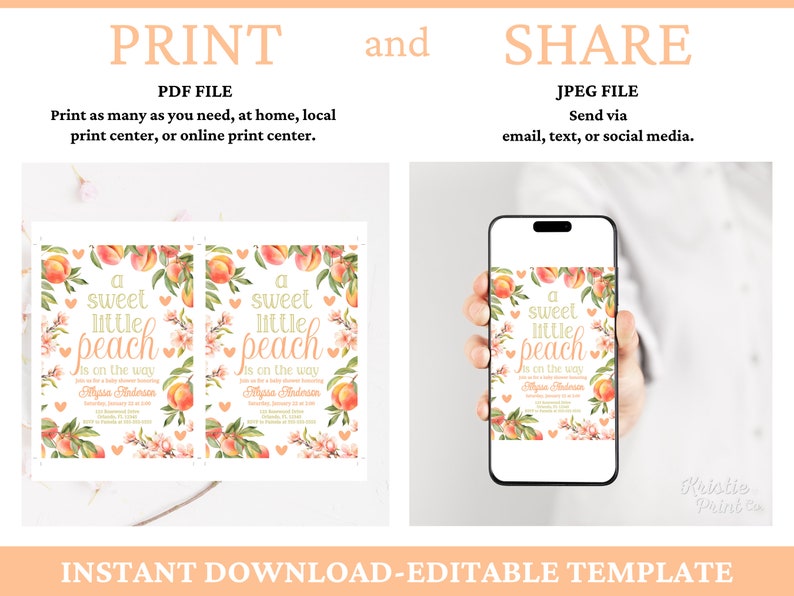 Puede incluir: Plantilla de invitaci&oacute;n de baby shower editable con un dise&ntilde;o de melocot&oacute;n y el texto "A sweet little peach is on the way".