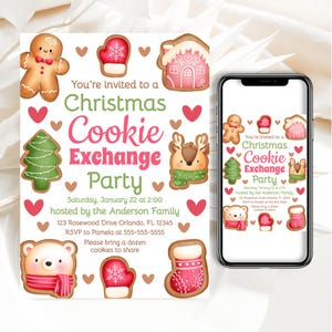 Pode incluir: Um convite para uma festa de troca de biscoitos de Natal com um homem de gengibre, uma árvore de Natal, uma meia, uma luva, uma casa, uma rena e um urso polar. O convite inclui a data, a hora, o local e as informações de RSVP. "Você está convidado para uma festa de troca de biscoitos de Natal" está escrito em rosa e verde.