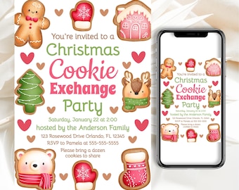 May include: A Christmas cookie exchange party invitation with a gingerbread man, a Christmas tree, a stocking, a mitten, a house, a reindeer, and a polar bear. The invitation includes the date, time, location, and RSVP information. "You're invited to a Christmas Cookie Exchange Party" is written in pink and green text.