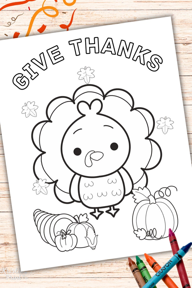 May include: A black and white coloring page featuring a cartoon turkey with a pumpkin and a cornucopia. The text "Give Thanks" is at the top of the page.