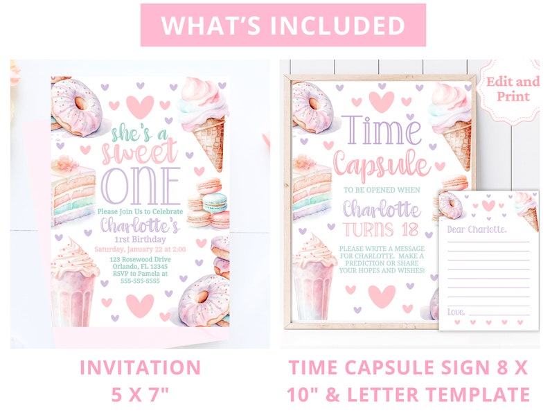 Sweet One Birthday Bundle Sweet One Party 1St Birthday Bundle Girl First Birthday Decor Editable Templates Ice Cream Donut Invitation SWE1 image 3