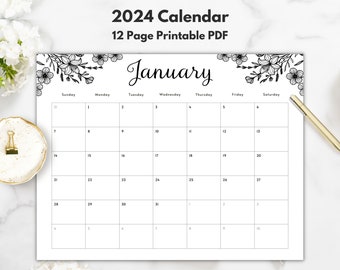 Boho Calendar 2024 Printable Black and White Calendar 2024 Calendar Printable Only Minimalist Calendar 2024 Monthly Calendar Horizontal