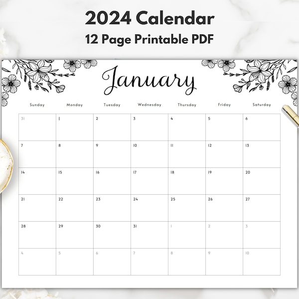 Boho Kalender 2024 Druckbarer Schwarz-Weiß-Kalender 2024 Kalender Nur Druckbarer Minimalistischer Kalender 2024 Monatskalender Horizontal
