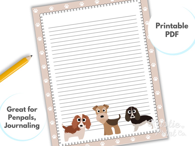 Dog Printable Stationery, 8.5x11, Instant Download, Cute Kids Stationary, Puppy Digital Paper, Printable Paper, Digital Lined Paper, Writing image 2