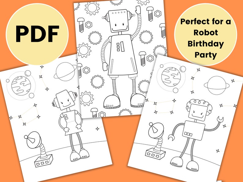 May include: Three black and white coloring pages featuring robots in space. The first page shows a robot with gears and bolts. The second page shows a robot standing on a planet with a satellite. The third page shows a robot with a wrench in its hand.