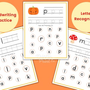 May include: Three printable worksheets for kids to practice handwriting and letter recognition. The first worksheet features a pumpkin and asks the child to trace the letter 'p'. The second worksheet features a leaf and asks the child to trace the letter 'l'. The third worksheet features a mushroom and asks the child to trace the letter 'm'.