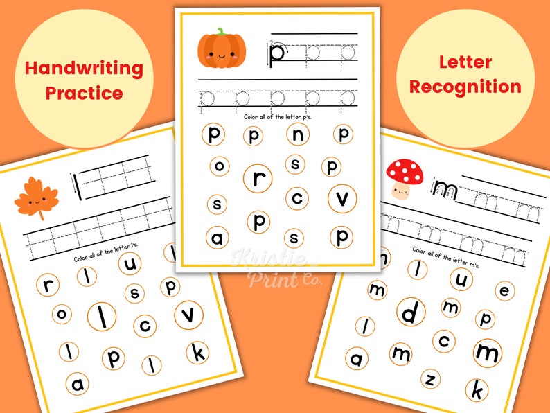 May include: Three printable worksheets for kids to practice handwriting and letter recognition. The first worksheet features a pumpkin and asks the child to trace the letter 'p'. The second worksheet features a leaf and asks the child to trace the letter 'l'. The third worksheet features a mushroom and asks the child to trace the letter 'm'.