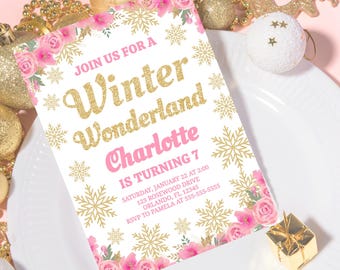 Editable Winter Wonderland Birthday Invitation Snowflake Invitation Winter Girl Birthday Invite Christmas Birthday Invitation Template WR1