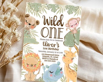 Wild One Safari Birthday Invite Jungle Birthday Invitation First Birthday Safari Animals Wild One Invitation Safari 1st Birthday Invite Boy