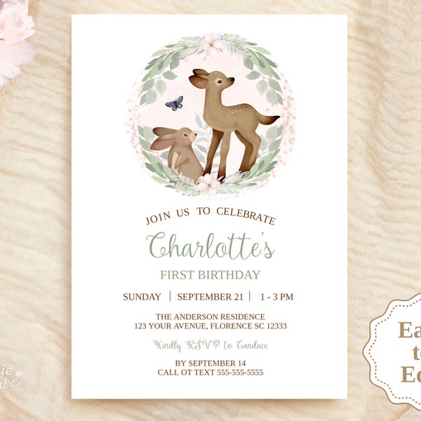 Girl Woodland Invitation, Editable Template Invite, Deer 1rst Birthday, Forest Theme Party, Printable Party Invitation, Digital Download