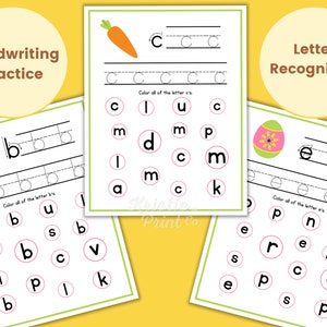 May include: Three printable worksheets for preschoolers to practice handwriting and letter recognition. The worksheets feature a butterfly, a carrot, and an Easter egg. The worksheets include the letters 'b', 'c', and 'e'.