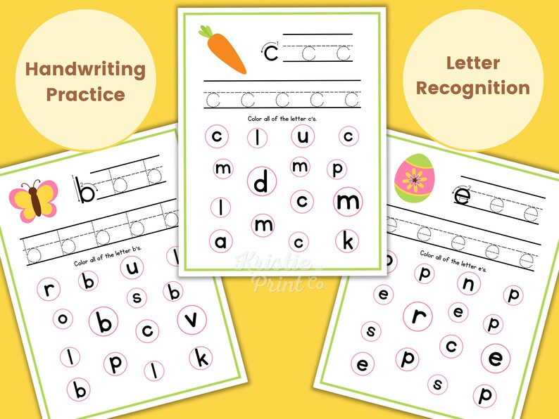 May include: Three printable worksheets for preschoolers to practice handwriting and letter recognition. The worksheets feature a butterfly, a carrot, and an Easter egg. The worksheets include the letters 'b', 'c', and 'e'.