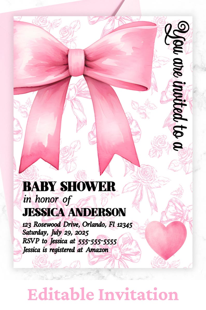 Pink Bow Baby Shower Invitation Template Printable Baby Girl Pink ...