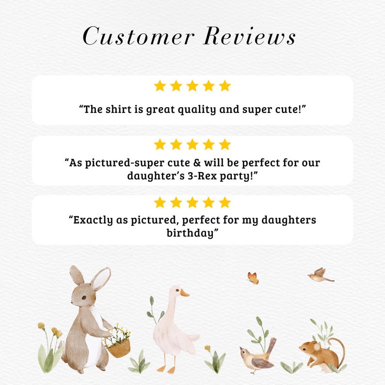 May include: Customer reviews for a product with five-star ratings. The reviews are positive and mention the product's quality, cuteness, and suitability for a child's party. The image also features a watercolor illustration of a rabbit, a goose, a bird, and a mouse in a woodland setting.