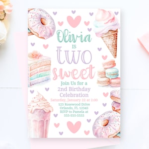 Two Sweet Second Birthday Invite Two Sweet Birthday Party Girls 2Nd Birthday Printable Invitation Pastel Party Donut Invite Editable TW1