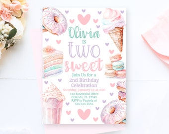 Two Sweet Second Birthday Invite Two Sweet Birthday Party Girls 2Nd Birthday Printable Invitation Pastel Party Donut Invite Editable TW1