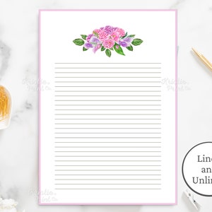 Rosa Blumen Briefpapier, Lila Blumen druckbares Briefpapier, Florales leeres Papier und liniertes Papier, Journal, Notizpapier, Aquarell