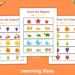 May include: Three printable worksheets with the title "Circle the Biggest". Each worksheet has a row of three images of different sizes of various fruits, vegetables, and sea creatures. The images are colorful and cartoon-like.