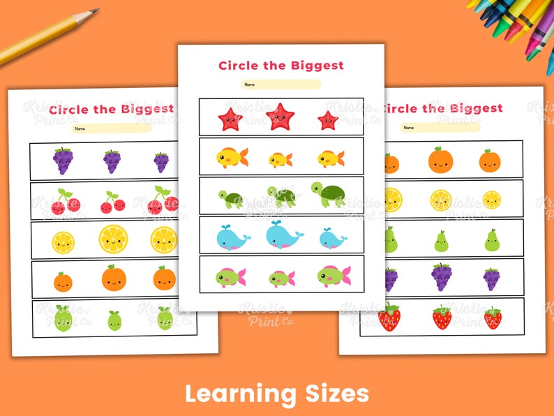 May include: Three printable worksheets with the title "Circle the Biggest". Each worksheet has a row of three images of different sizes of various fruits, vegetables, and sea creatures. The images are colorful and cartoon-like.