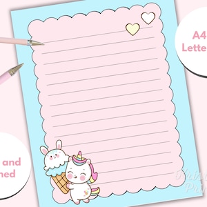 Papelería de Unicornio, Papel de Carta Kawaii Imprimible, Imprimibles de Papelería Kawaii, Papelería para Niños Lindos, Papel para Escribir Cartas, Forrado, Sin Forrar
