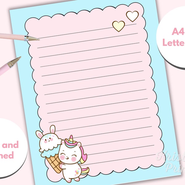 Unicorn Stationery, Printable Kawaii Letter Paper, Kawaii Stationery Printables, Cute Kids Stationary, Letter Writing Paper, Lined, Unlined