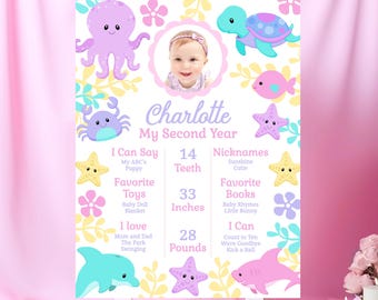 May include: A personalized birthday sign featuring a photo of a child, with sea creature illustrations. The sign includes the child's name, age, and details like height (33 inches), weight (28 pounds), and favorite things.