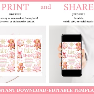 May include: Printable invitation for a girl's second birthday party. The invitation features a gingerbread house, snowflakes, and the text "Olivia is Two Sweet".