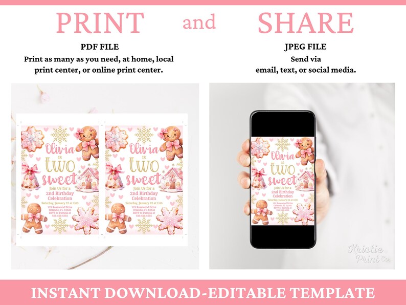 May include: Printable invitation for a girl's second birthday party. The invitation features a gingerbread house, snowflakes, and the text "Olivia is Two Sweet".