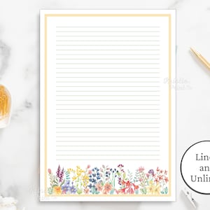Briefpapier met wilde bloemen, boho-briefpapier, briefpapier met rand, gelinieerd briefpapier, ongevoerd, digitaal briefpapier, Cottage Core-briefpapier