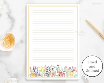 Wildflower Stationery, Boho Stationery, Border Stationery, Lined Writing Paper, Unlined, Digital Stationery, Cottage Core Stationery