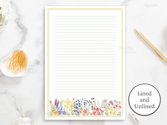 Wildflower Stationery, Boho Stationery, Border Stationery, Lined Writing Paper, Unlined, Digital Stationery, Cottage Core Stationery