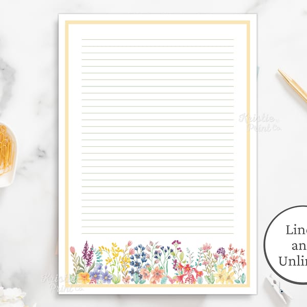 Wildflower Stationery, Boho Stationery, Border Stationery, Lined Writing Paper, Unlined, Digital Stationery, Cottage Core Stationery