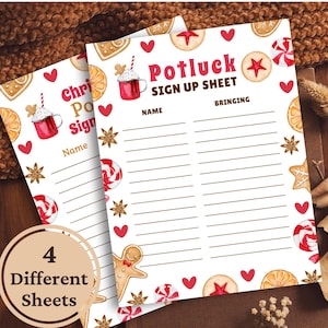 May include: Four printable Christmas potluck sign up sheets with a festive gingerbread and candy cane theme. Each sheet has a space for names and what they are bringing. The text on the sheet reads "Potluck Sign Up Sheet".