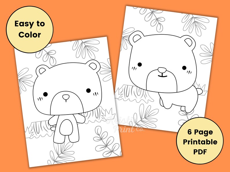 Peut inclure: Deux pages &agrave; colorier PDF imprimables avec des oursons de dessins anim&eacute;s. Chaque ours est dessin&eacute; en noir et entour&eacute; d'un feuillage simple. Le texte "Easy to Color" et "6 Page Printable PDF" est inclus.