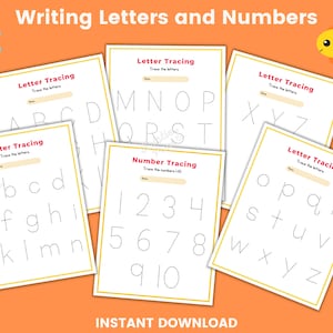 May include: A set of printable worksheets for tracing letters and numbers. The worksheets feature a yellow and orange background with a cartoon octopus and fish. The worksheets are labeled "Letter Tracing" and "Number Tracing" and include the alphabet and numbers 1-10.