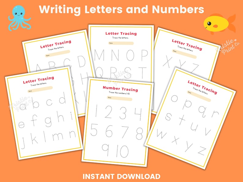 May include: A set of printable worksheets for tracing letters and numbers. The worksheets feature a yellow and orange background with a cartoon octopus and fish. The worksheets are labeled "Letter Tracing" and "Number Tracing" and include the alphabet and numbers 1-10.