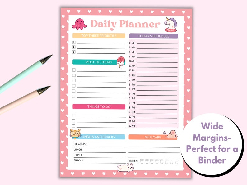 May include: A pink and white daily planner featuring a unicorn and octopus illustration. The planner includes sections for top three priorities, must do today, things to do, meals and snacks, self care, and today's schedule. The planner has wide margins, ideal for use in a binder.