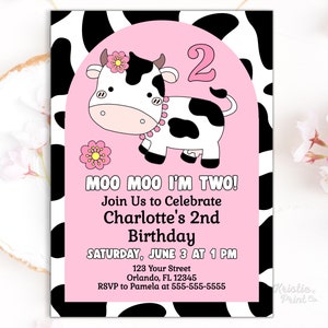 Editable Cow Birthday Invitation Moo Moo I&#39;m Two Party Farm Birthday Girl Barn Animals Barnyard Cow Invite Template Printable COWB1