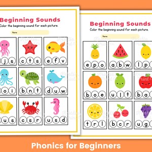 May include: Two printable worksheets for kids to practice beginning sounds. The first worksheet features pictures of a jellyfish, starfish, fish, octopus, turtle, whale, seashell, crab, and a seahorse. The second worksheet features pictures of a pineapple, watermelon, lemon, orange, lime, apple, lemon, cherries, and grapes. Each worksheet has the letters of the alphabet in circles around the pictures. The text on the worksheets reads "Beginning Sounds" and "Color the beginning sound for each picture."