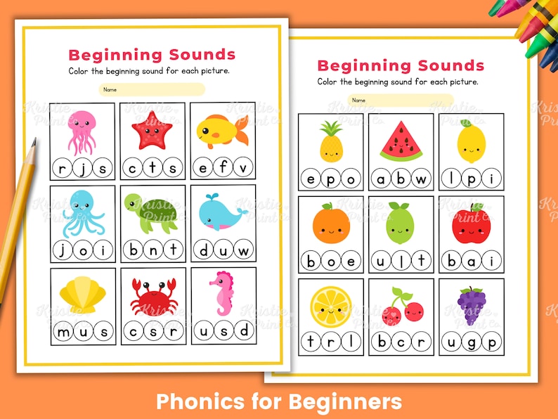 May include: Two printable worksheets for kids to practice beginning sounds. The first worksheet features pictures of a jellyfish, starfish, fish, octopus, turtle, whale, seashell, crab, and a seahorse. The second worksheet features pictures of a pineapple, watermelon, lemon, orange, lime, apple, lemon, cherries, and grapes. Each worksheet has the letters of the alphabet in circles around the pictures. The text on the worksheets reads "Beginning Sounds" and "Color the beginning sound for each picture."