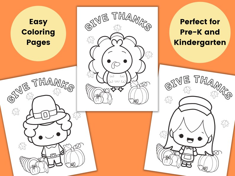 May include: Three black and white coloring pages featuring a pilgrim, a turkey, and a girl wearing a chef's hat. Each page has the text "Give Thanks" at the top.